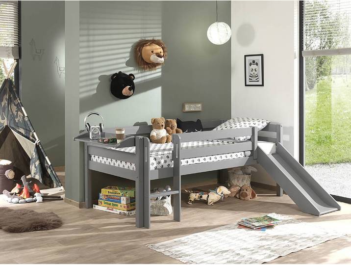 Kojenbett mit Regal 90 x 200cm Grau/Grau mit Rutsche/mit Leiter