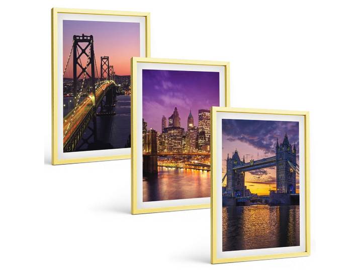 BILDER SET 3er Set - 40x60 cm Goldrahmen - Brücken, Sonne, Stadtblick