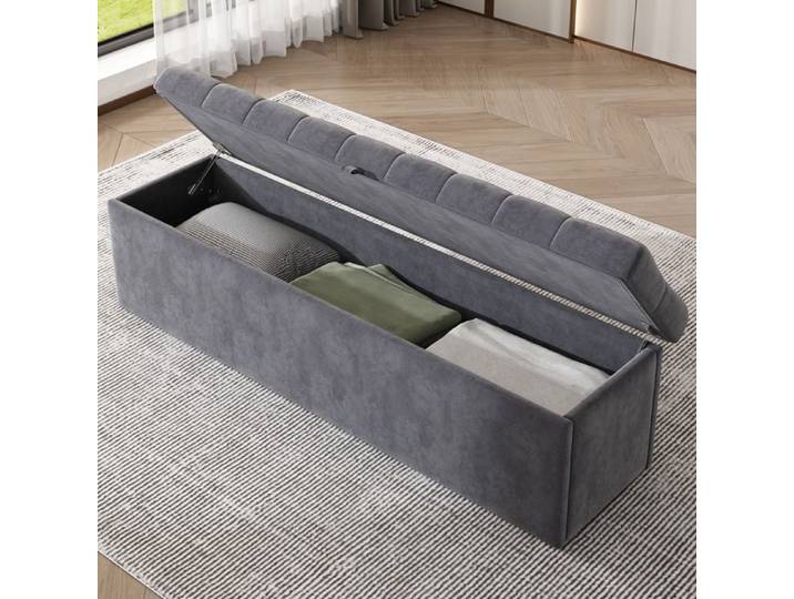 Banquette rembourrée - SOGEU - 138 x 41 x 42 cm - Velours gris - Coffre de rangement - Surpiqûres décoratives