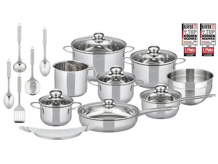 Elo Basic Topf-Set Prima Tavola Edelstahl Topfset 20-teilig, Edelstahl 201 (Set, 20-tlg), Volumenskala