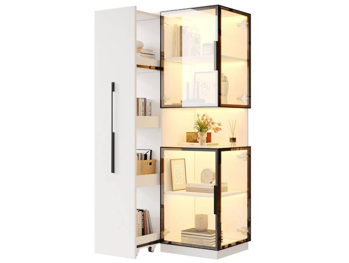 Flieks Vitrine LED Glasvitrine Ausziehregal Doppelglas 160cm, Weiß, 70x160x38 cm, Esszimmer, Vitrinen, Vitrinenschränke