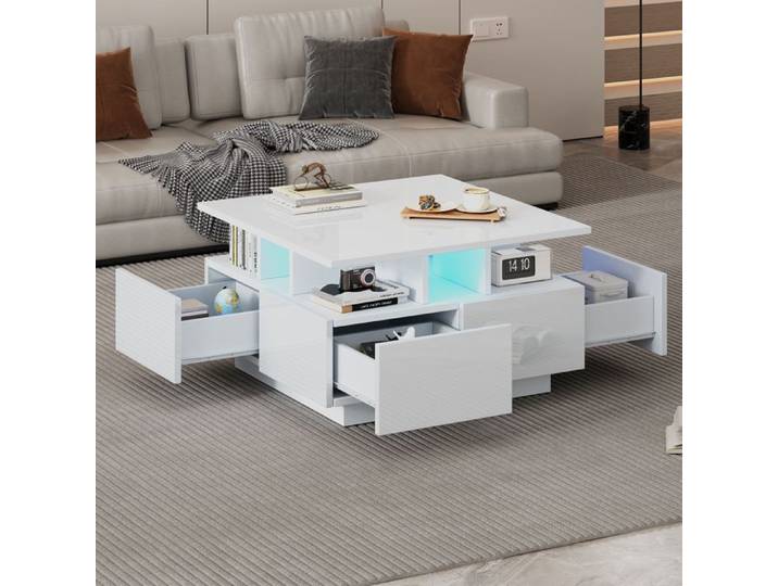 Table basse 70*70*40cm salle de séjour table de thé Table café brillante Table basse avec lumière LED Blanc