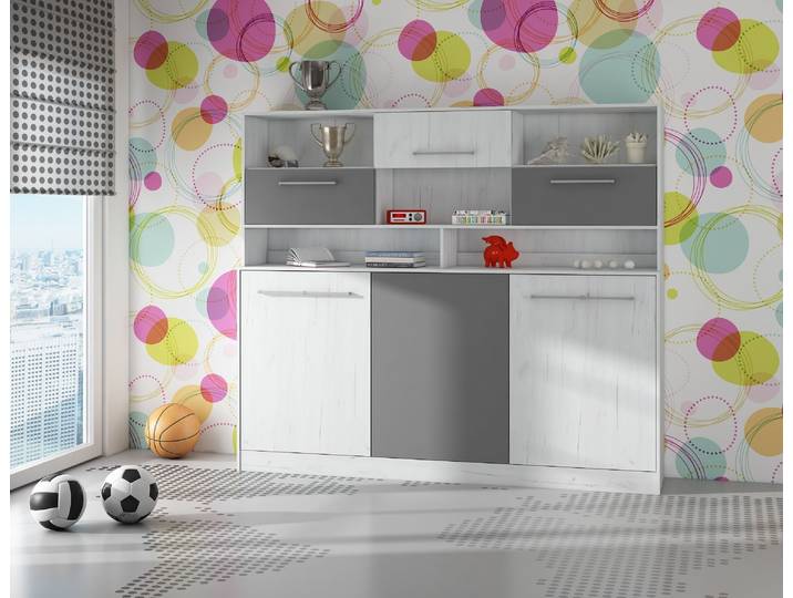 Lit mural horizontal lit armoire ROGER 90x200 cm Lit mural pliant\, lit armoire pliant\, armoire avec lit pliant intégré\, lit fonctionnel CRAFT BLANC / GRAPHIT (avec étagères supplémentaires)