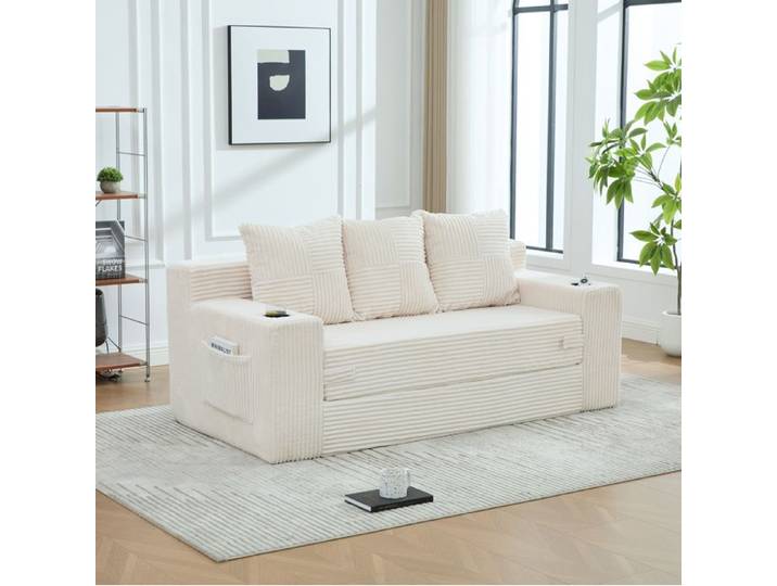 COVREO Canapé modulable convertible 3 places en velours côtelé beige avec porte-gobelets