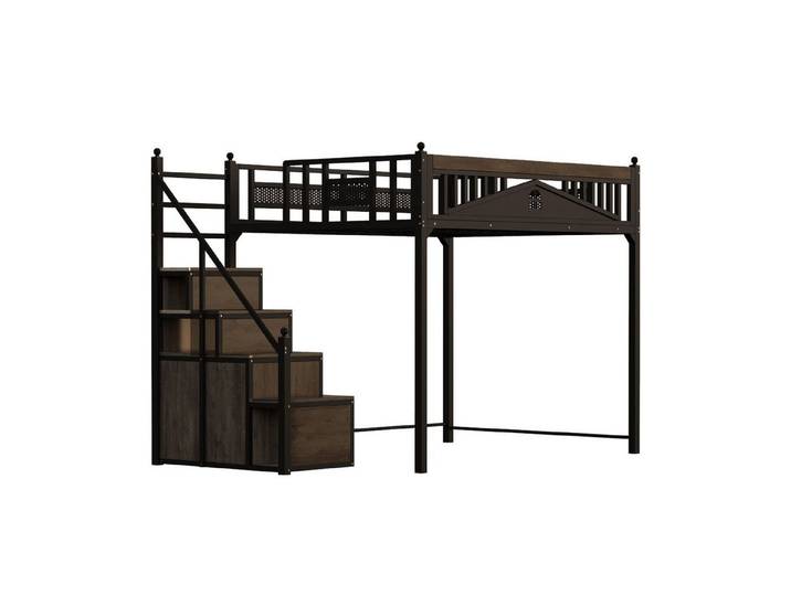 MC Star Hochbett 140 x 200 cm, Metall-Sicherheitszaun mit Metallkugel und Fensterdesign (Kletterleiter von links nach rechts austauschbar, Sicherheitsleiter mit Spinden)