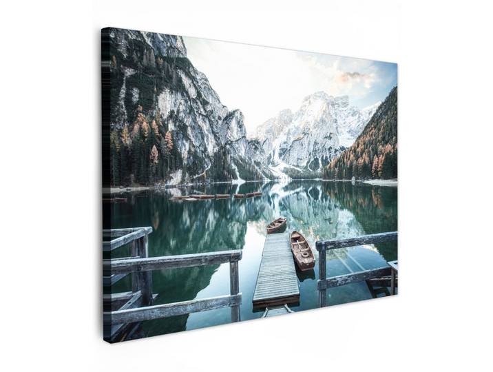 LEINWANDBILD Natur - Berge - Schnee - Wald - Boot Wandbilder 80x60 cm
