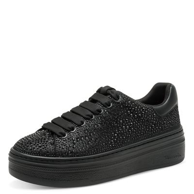 Plateausneaker TAMARIS, Damen, Gr. 38, Textil, schwarz, Textil, Velourslederimitat, unifarben, Schuhe Plateausneaker, Schnürer, Halbschuh, Freizeitschuh mit glänzenden Strasssteinen