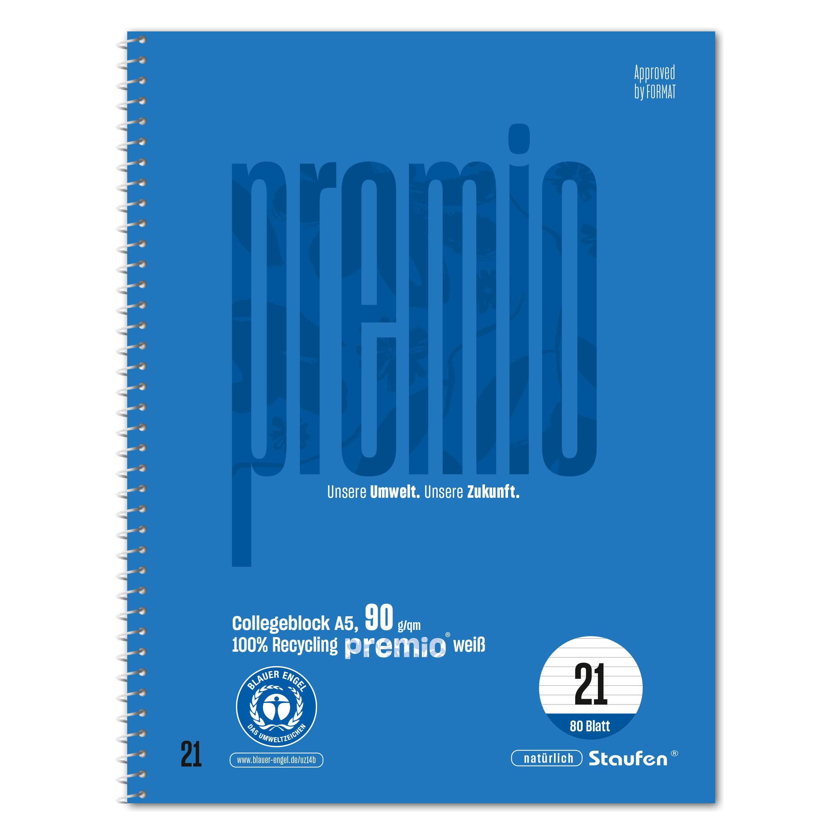 Staufen Collegeblock Premio, Spiralbindung, 90 g/qm, DIN A5, liniert, 80 Blatt (A5, Liniert, Weicher Einband) (040834021)
