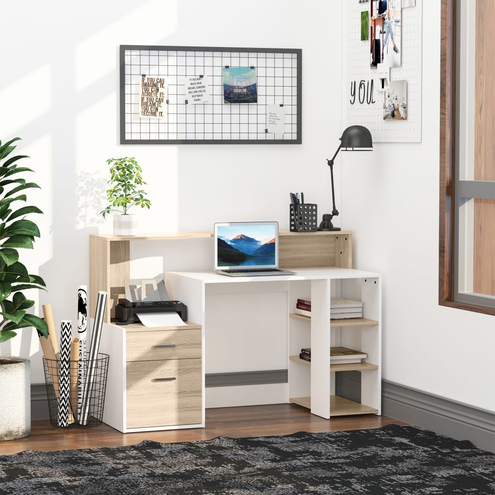Homcom Bureau informatique multimédia multi-rangements aspect chêne blanc Multicolore 137x92x55cm