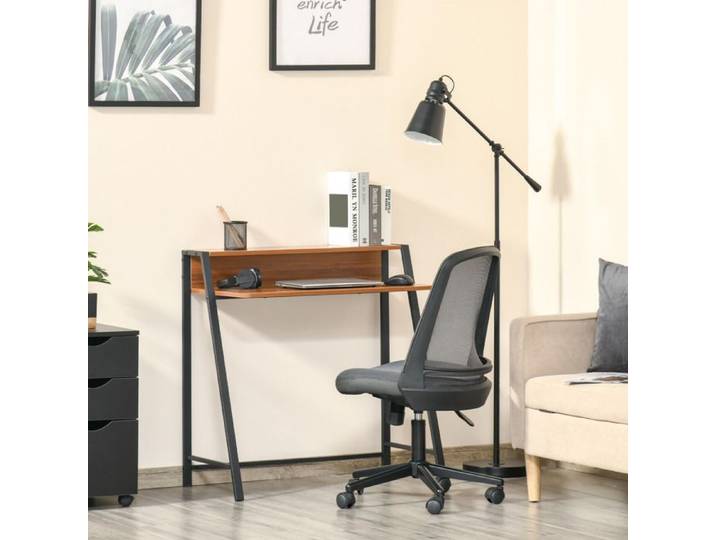 Bureau informatique avec passe-câbles et étagère de rangement MDF métal noir noyer 84x45x85 cm JOINERY
