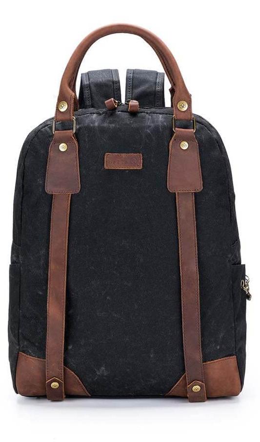 Canvas-Rucksack mit Leder, Laptopfach, Schwarz, 35,6 x 45,7 cm
