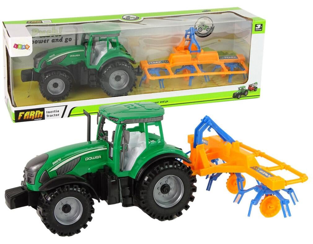 Lean Toys Groene tractor met oranje en blauwe hark en frictieaandrijving