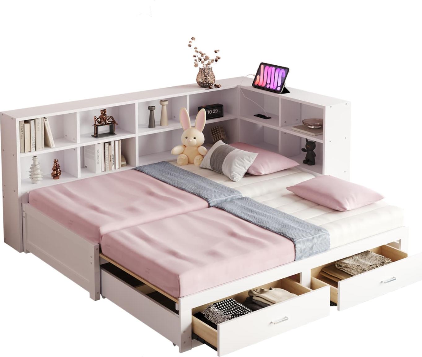 Massivholzsofa(Weiß)Mit Ausziehbarem Bett,Mit Staufach,multifunktionale Euro-Steckdose, Schubladen, Lattenrost, Multifunktionales Einzelholzbett