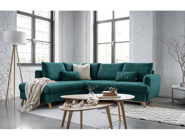 Ecksofa mit OT und Schlaffunktion Blau/Grün/Petrol Chenille Marisa 242 x 90 x 202cm Ecke davorstehend links mit Schlaffunktion Modern