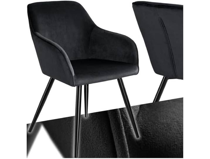 tectake® moderner Esszimmer Stuhl mit Armlehnen, Sitzfläche aus Samt, Armlehnstuhl, Sessel Wohnzimmer, gepolsterter Bürostuhl mit schwarzen Metallbeinen, Schminktisch Stuhl - schwarz