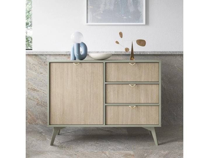 Kommode Silva Eukalyptus Grün 106 cm mit Fischgrät-Muster – 3 Schubladen, Goldene Griffe, Modern
