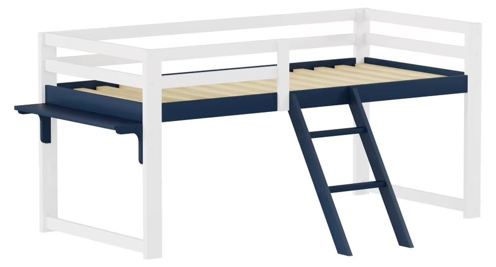 Kinderbett - Hochbett - Massives Kiefernholz - 90 x 200 cm - Absturzschutzgitter - Feste Leiter - Integrierter Ablagetisch - Weiß