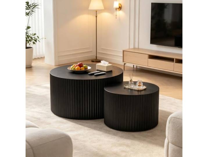 FeiZhiYanS Geriffelte runde Beistelltische, 2er-Set Nachttische aus MDF-Holz, moderne Beistelltische im Trommeldesign mit vertikalen Rillen, für das Wohnzimmer