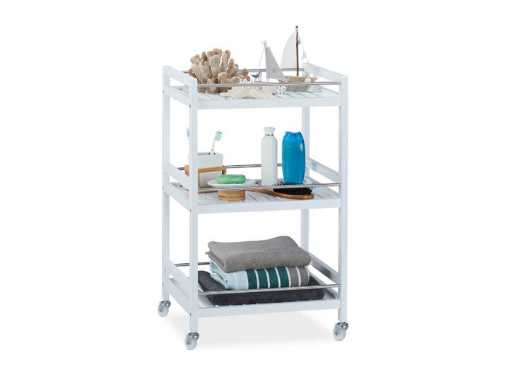 Relaxdays Servierwagen Weiß Bambus 3 Ablagen, Holz, Metall, Kunststoff, 46x76.5x38 cm, Esszimmer, Servierwagen