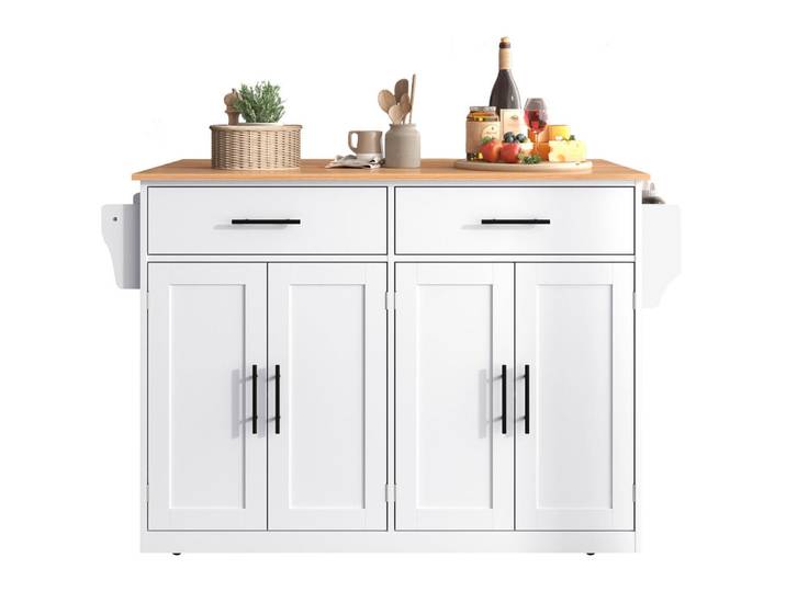 Redom Kücheninsel 120/46(70)/91,5 cm aus MDF mit klappbarer Tischplatte, Rollen und austauschbaren Holzfüßen, Weiß/Natur, 120x91.5x70 cm, Küchen, Küchenmöbel, Kücheninseln