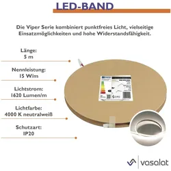 Vasalat, LED Streifen, LED Band 5m Set Led Streifen 15W/m 4000K, IP20, 24V/DC (Weiss, 500 cm, Indoor)