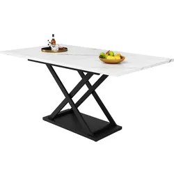 STILVORA Ausziehbarer Esstisch 160x80x75  Weiß+Schwarz mit marmorierter MDF Platte Teleskopauszug Kreuzgestell aus Metall platzsparend und modern