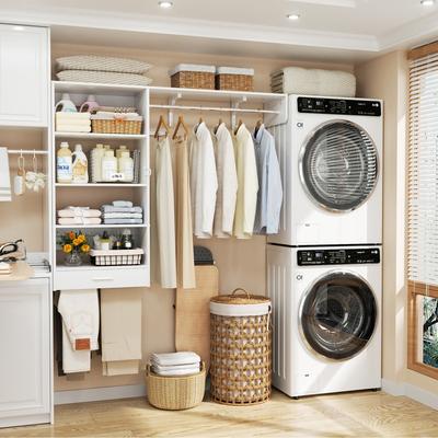 Rackcog 60'' Wall-mounted Closet System with Hanging Rods, Clothing Organizer with Tower Shelves for Laundry Room