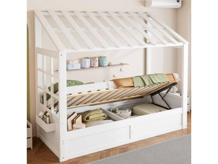 BXEYXE Kinderbett im Landhausstil 90 x 200 cm mit Dach, Fenster, hydraulischem Stauraum und seitlichen Staufächern, Weiß