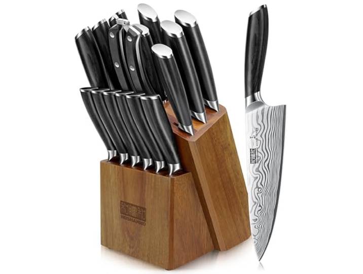 HOSHANHO 16-teiliges Messerblock Set, Ultrascharfes Messerset Kochmesserset Professionelles Küchenmesserset aus Edelstahl mit Hohem Kohlenstoffgehalt mit Schärfer und Pakkawood-Griff