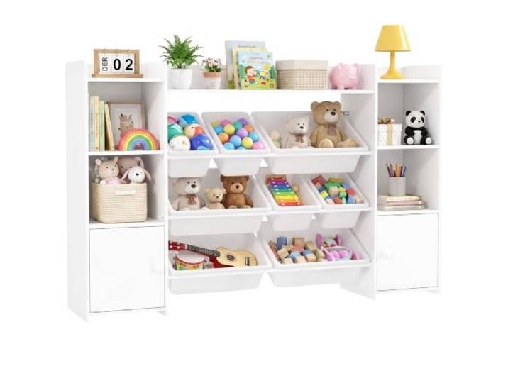 AIYAPLAY Kinderregal mit 8 Aufbewahrungsboxen 4 Fächern 140x30x90cm Weiß Spielzeugregal, Bücherregal, 2 Schrankfächer, für Kinderzimmer, Spielzimmer, Wohnzimmer