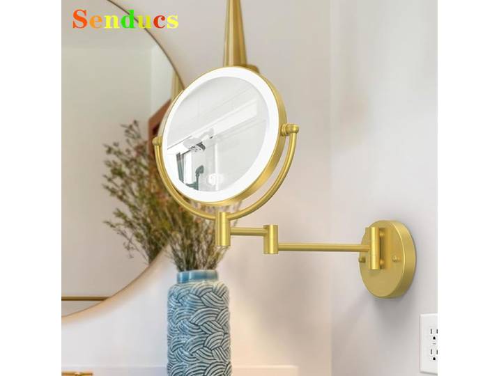 Miroirs de salle de bains Led or brossé, miroir de maquillage grossissant en laiton de qualité 10X, double bras, miroirs de salle de bains pliants Led dorés