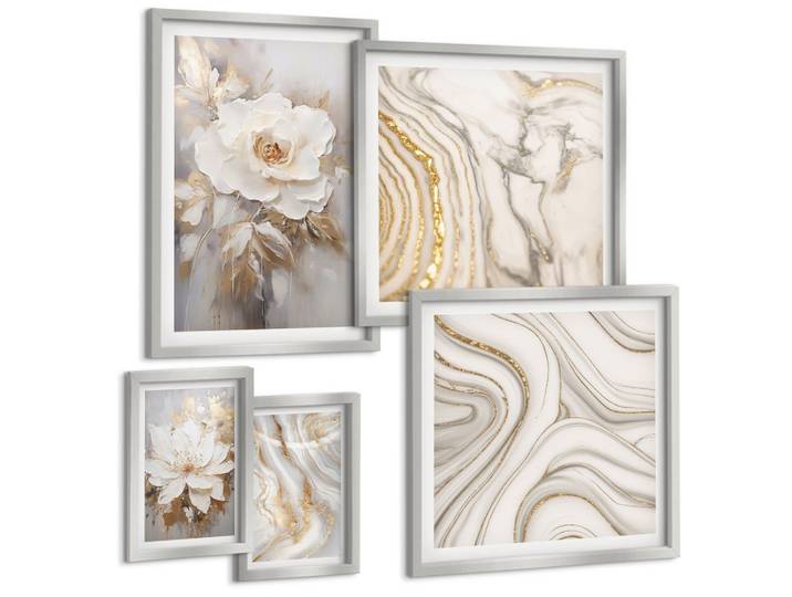 BILDER SET 5er Set - 50x50 cm & 20x30 cm & 40x60 cm Silberner Rahmen - Subtile abstrakte Muster