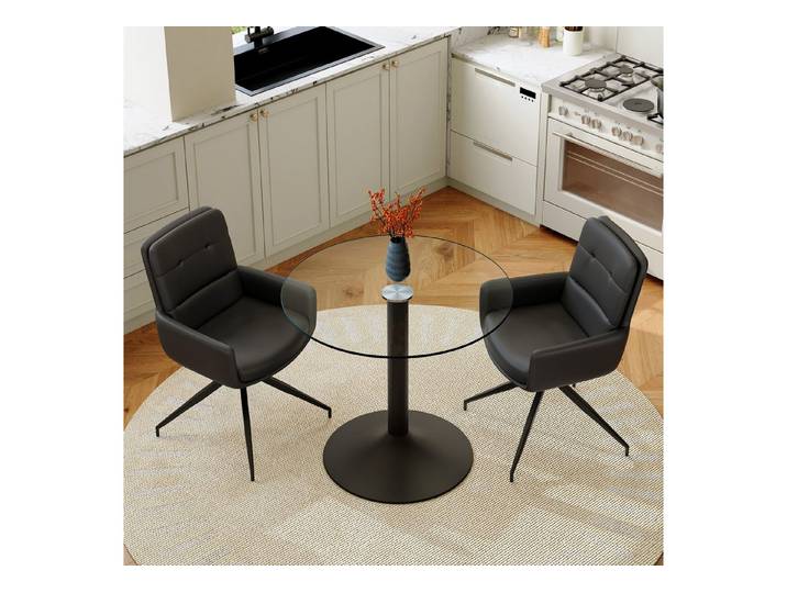 Fine Life Pro Essgruppe Esszimmertisch-Set, Glas, Luxus-Stil, 2 schwarze drehbare PU-Stühle, schwarze Basis