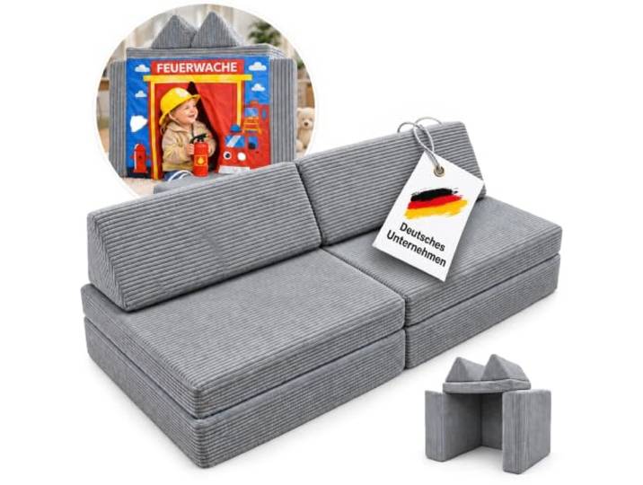 SCHRIMA® Spielsofa Kinder aus Cord Modulares Kindersofa & Kindercouch mit 3 Spielwelten Waschbare Bezüge Kiosk, Autowaschanlage & Feuerwache hellgrau