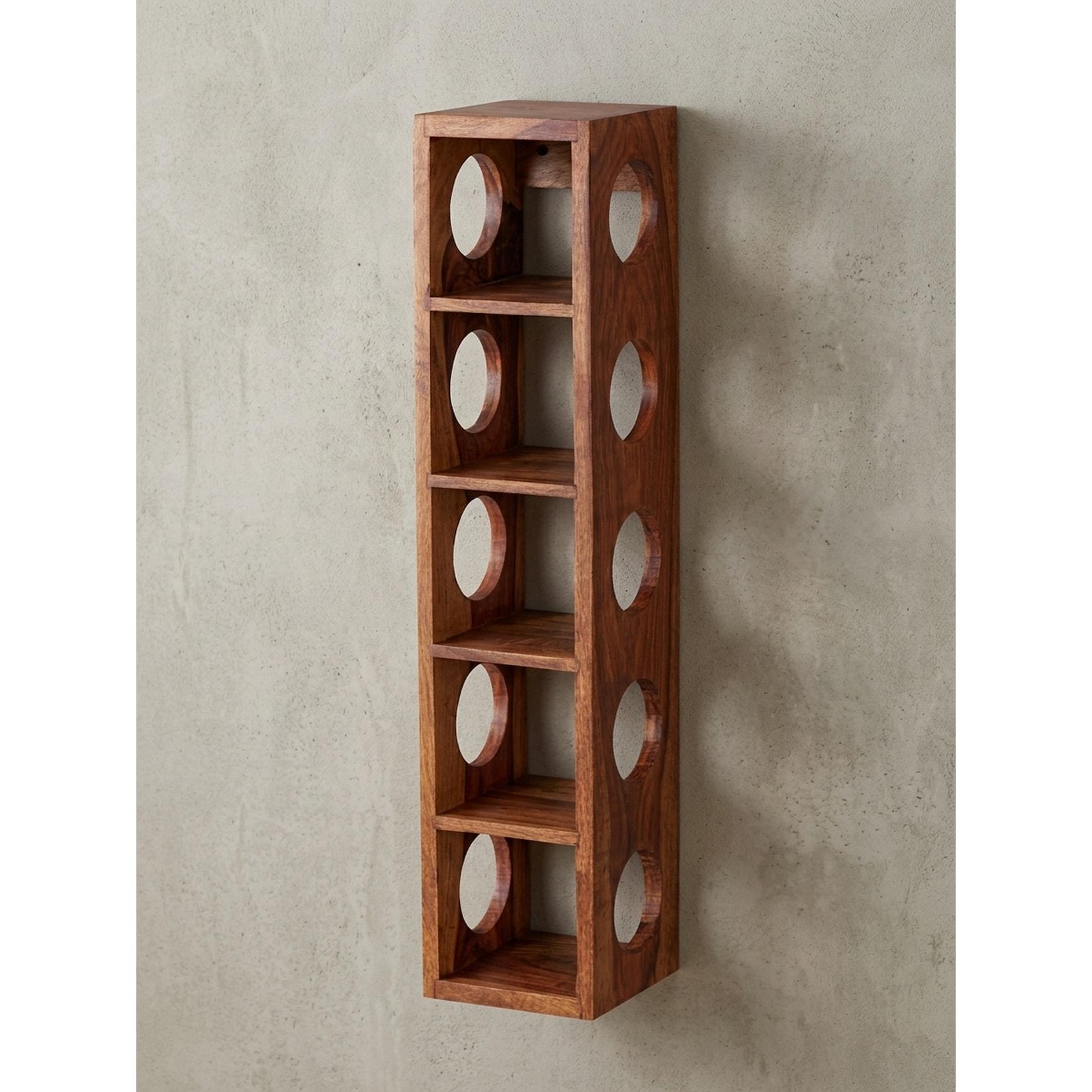 Weinregal MUMBAI Massivholz mit Ablage Wandmontage Modern, Dunkelbraun 15x15x70 cm