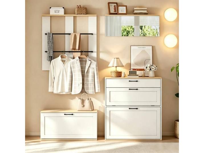 Ensemble de vestiaire multifonction avec miroir tiroir meuble à chaussures avec banc porte‑chapeau 156x36x176cm blanc aspect bois