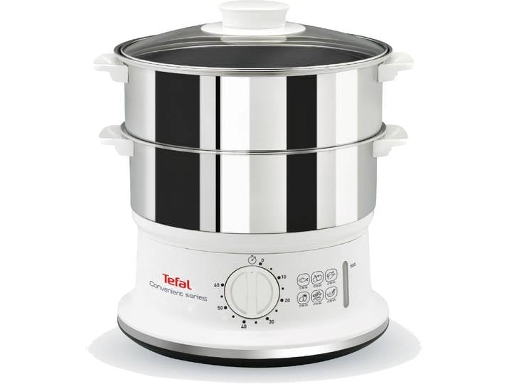 TEFAL Dampfgarer Convenient Series , weiß, B:29,5cm H:25,8cm T:29,5cm Ø:24cm, Dampfgarer, 2 Edelstahlbehälter, 6 L, Ø 24cm, Timer, Abschaltautomatik, VC1451, Dampfgarer