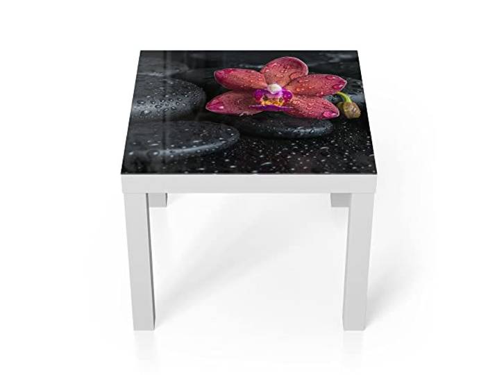 DEQORI Glastisch weiß klein 55x55 cm Motiv Blüte und Steine benetzt ausgefallener Beistelltisch aus Glas Hochglanz Couchtisch fürs Wohnzimmer moderner Couch Tisch mit Design