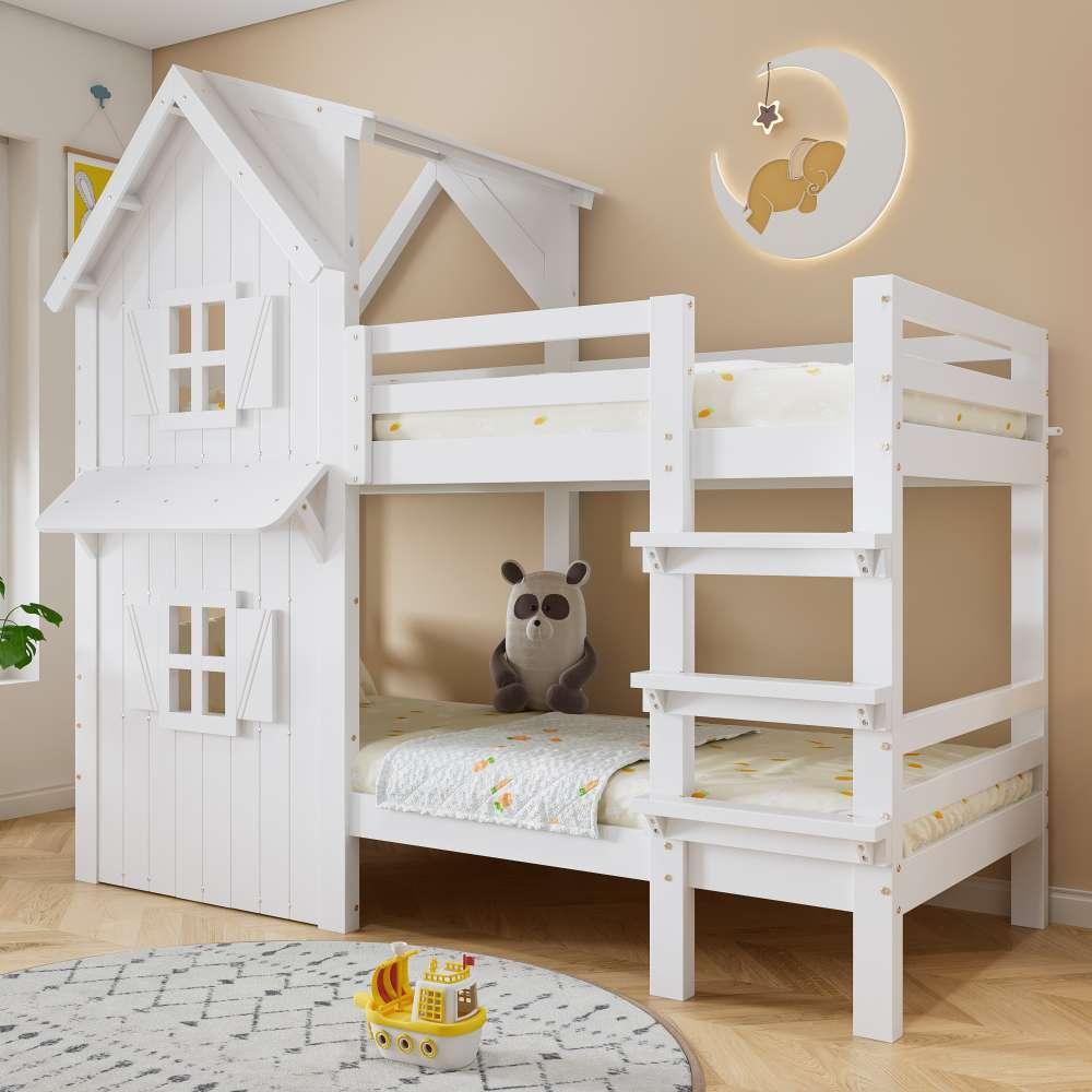 Hochbett für Kinder mit Fenster und Dach, Seitenschutz, Gerade Leiter, Stabile Latten, Kiefer/MDF/Sperrholz, Weiß, Platzsparend,90x200 cm