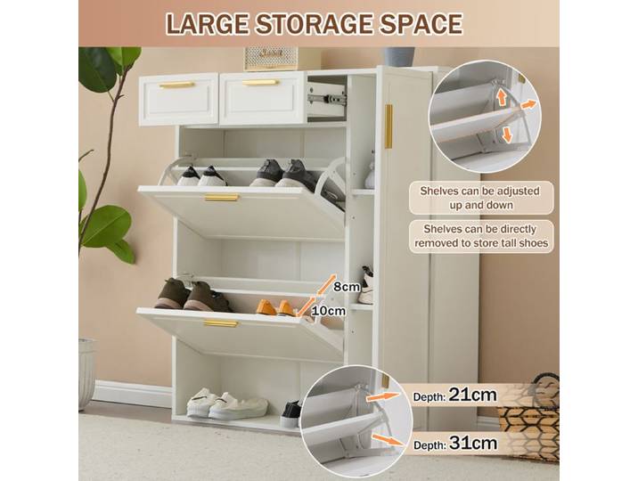 Armoire à chaussures moderne blanche étagères ajustables poignées dorées tiroirs volets et portes pratiques