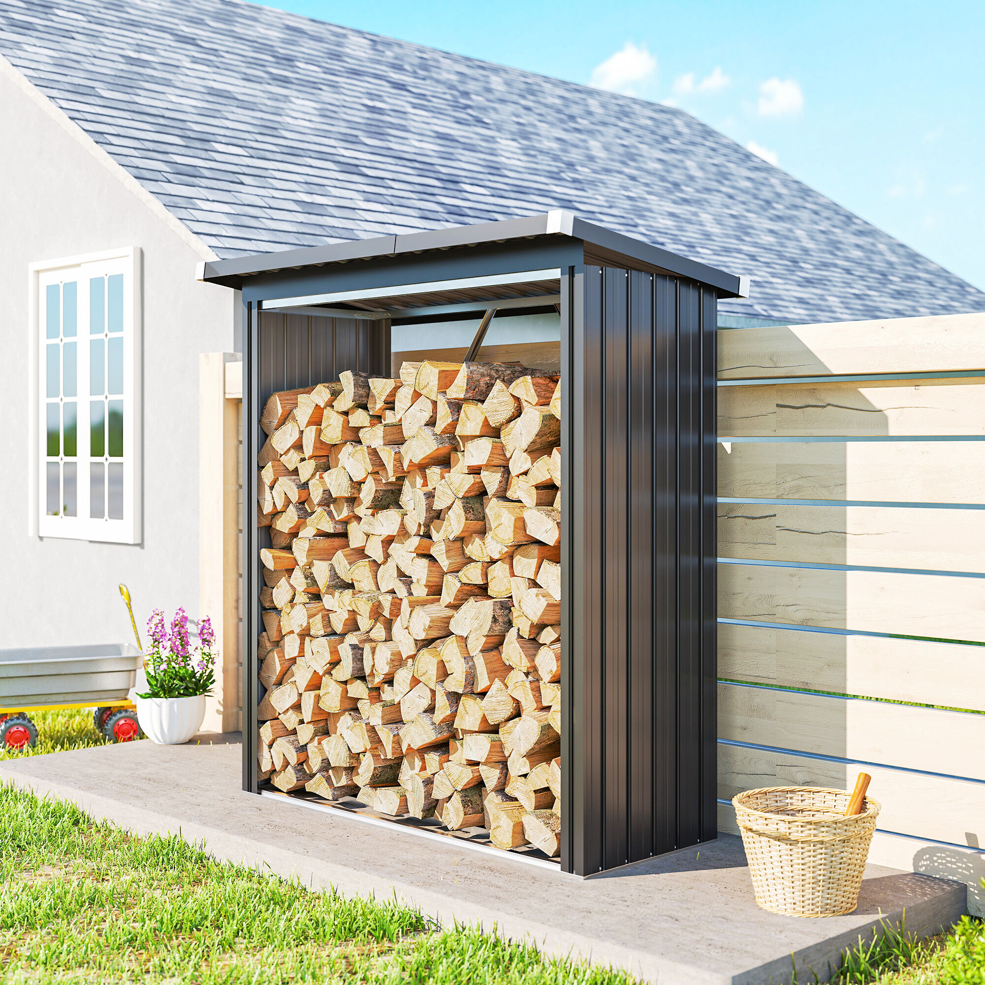 Altro Capanno Portalegna In Acciaio Da Esterno, Base Rialzata E Tetto Inclinato, 150x66.5x150 Cm, Grigio Scuro