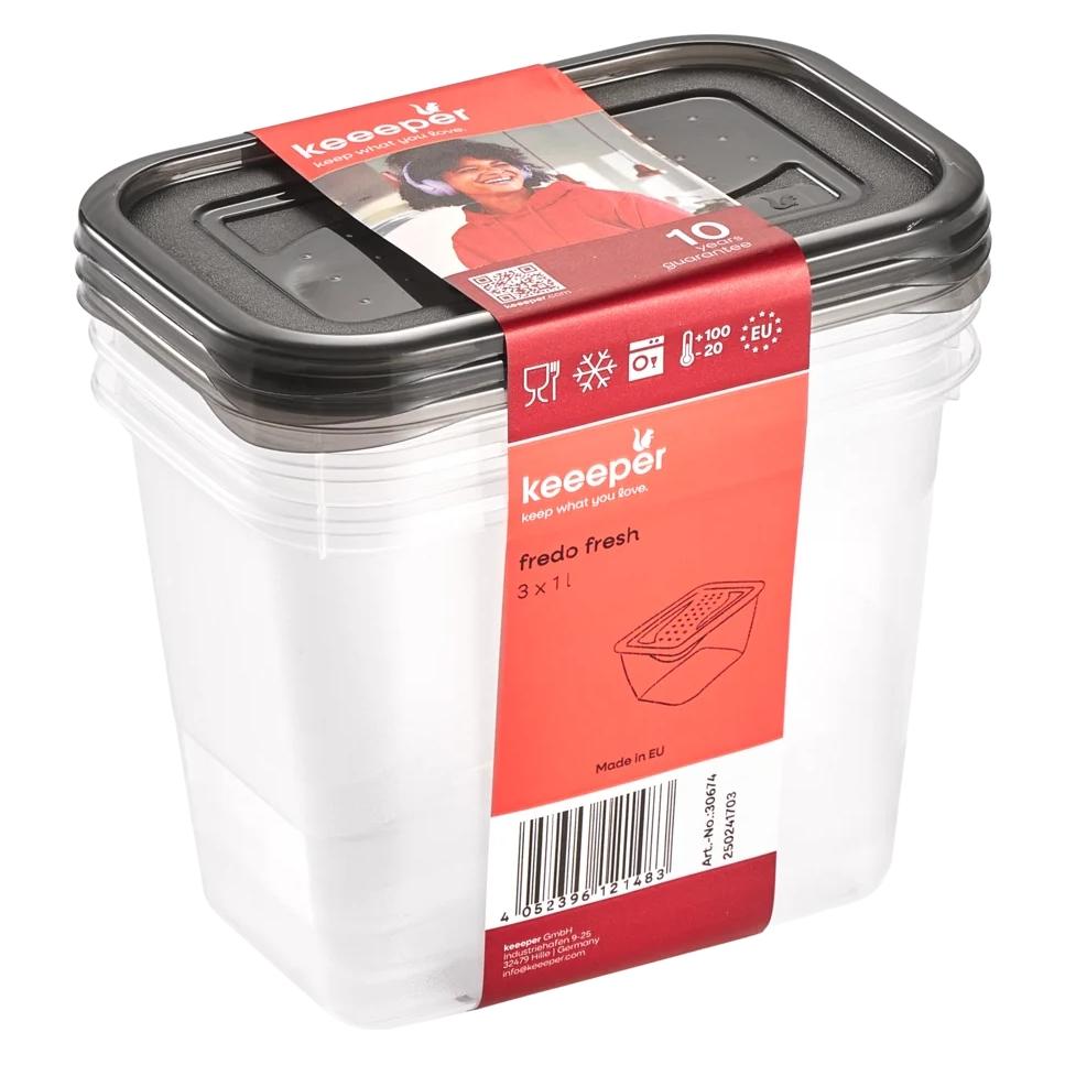 keeeper Frischhaltedose fredo fresh, 3x 1,0 Liter, eckig Unterteil: transparent, Deckel: grau, Deckel mit (1 l) (3067482700000)