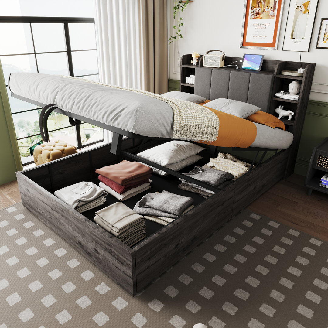 August Grove Hydraulic Storage Bed Grey European Double (140 x 200 cm)