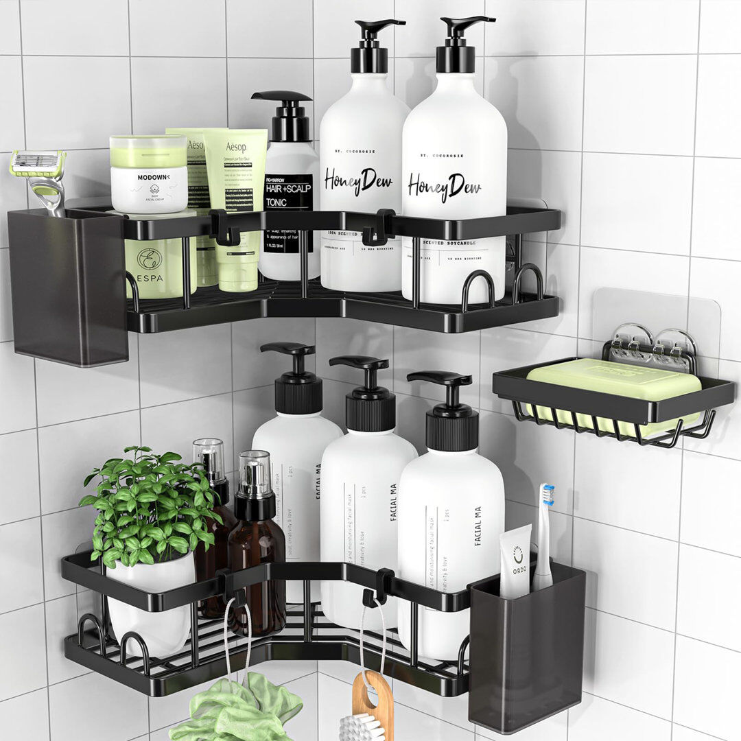 Rebrilliant Metrodora Adhesive Stainless Steel Bath Caddy Black 6.6cm H X 27cm W X 27cm D