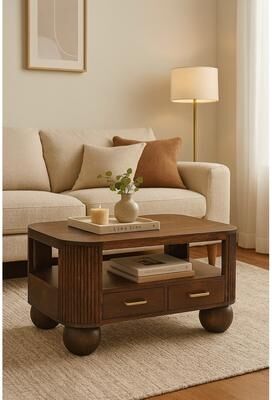 Artisan Furniture Solid Wood Sphere Leg Coffee Table, Brown, 2-Drawers