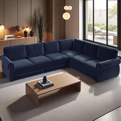 Chenille L-Shape Oversized Sleeper Sectional Sofa with Pull-Out Bed, Nailhead Trim, and Rolled Arms