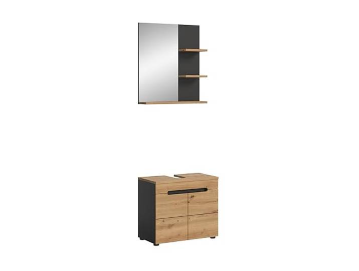Homes & Jones Meuble sous Vasque CANU 63 cm 2 Portes + Miroir - Gris Basalte/chêne Artisan