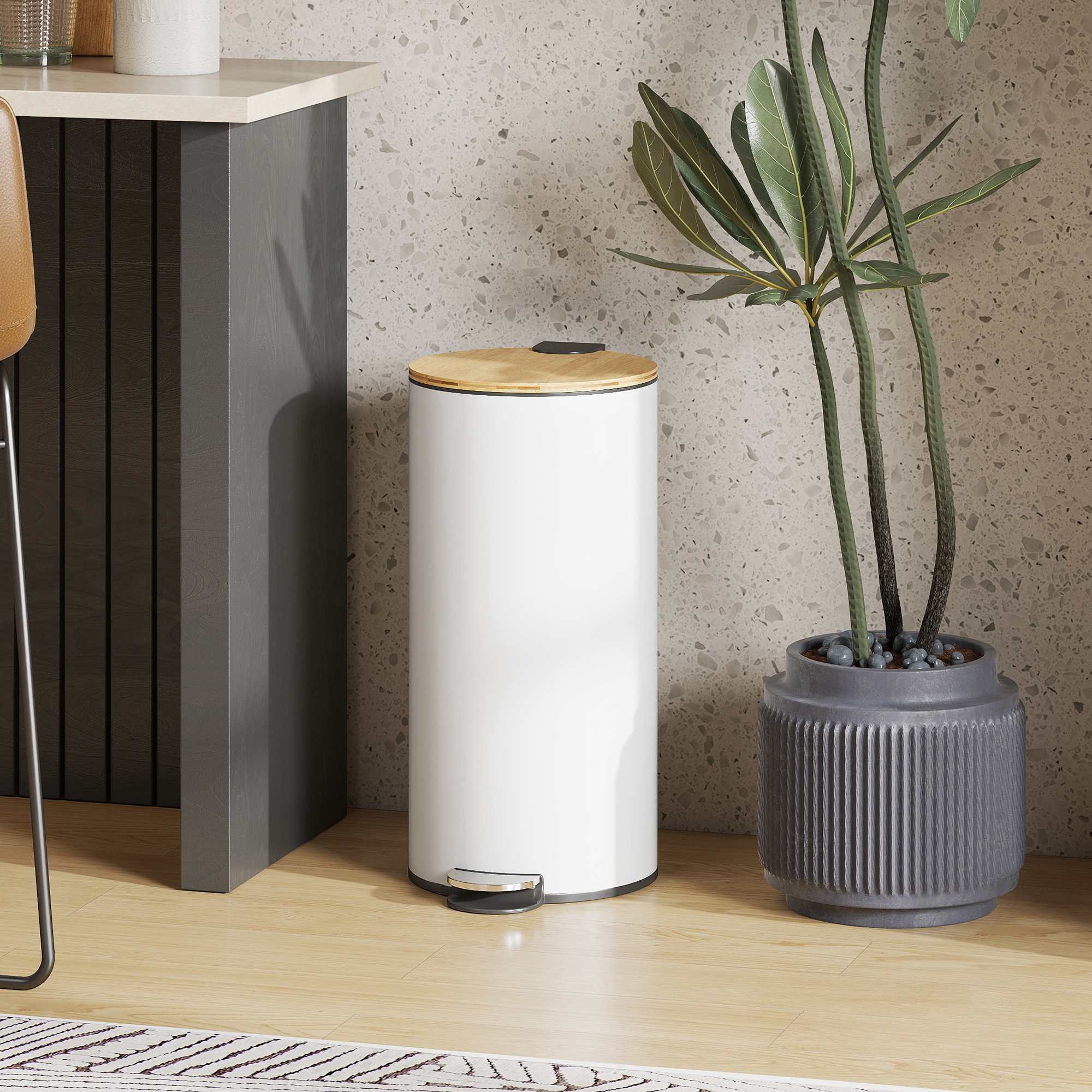 Homcom Bidone della Spazzatura per Cucina 30L con Pedale, Coperchio in Bambù con Chiusura Delicata e Cubo Estraibile, Bianco   Aosom Italy