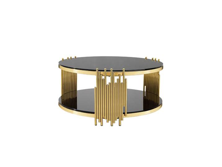 Evryae Couchtisch mit Doppelglas, gehärteter Glasplatte & Stahlbasis Schwarz, Schwarz, Goldfarben, Metall, Rund,Rund, 80x45x80 cm, Wohnzimmer, Wohnzimmertische, Couchtische