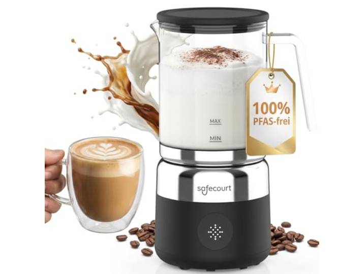 Safecourt Milchaufschäumer elektrisch spülmaschinenfest - Elektrischer Milchaufschäumer Induktion [500ml Glasbehälter abnehmbar] - Milchschaum [Baristaqualität] - 7 Funktionen - Schwarz